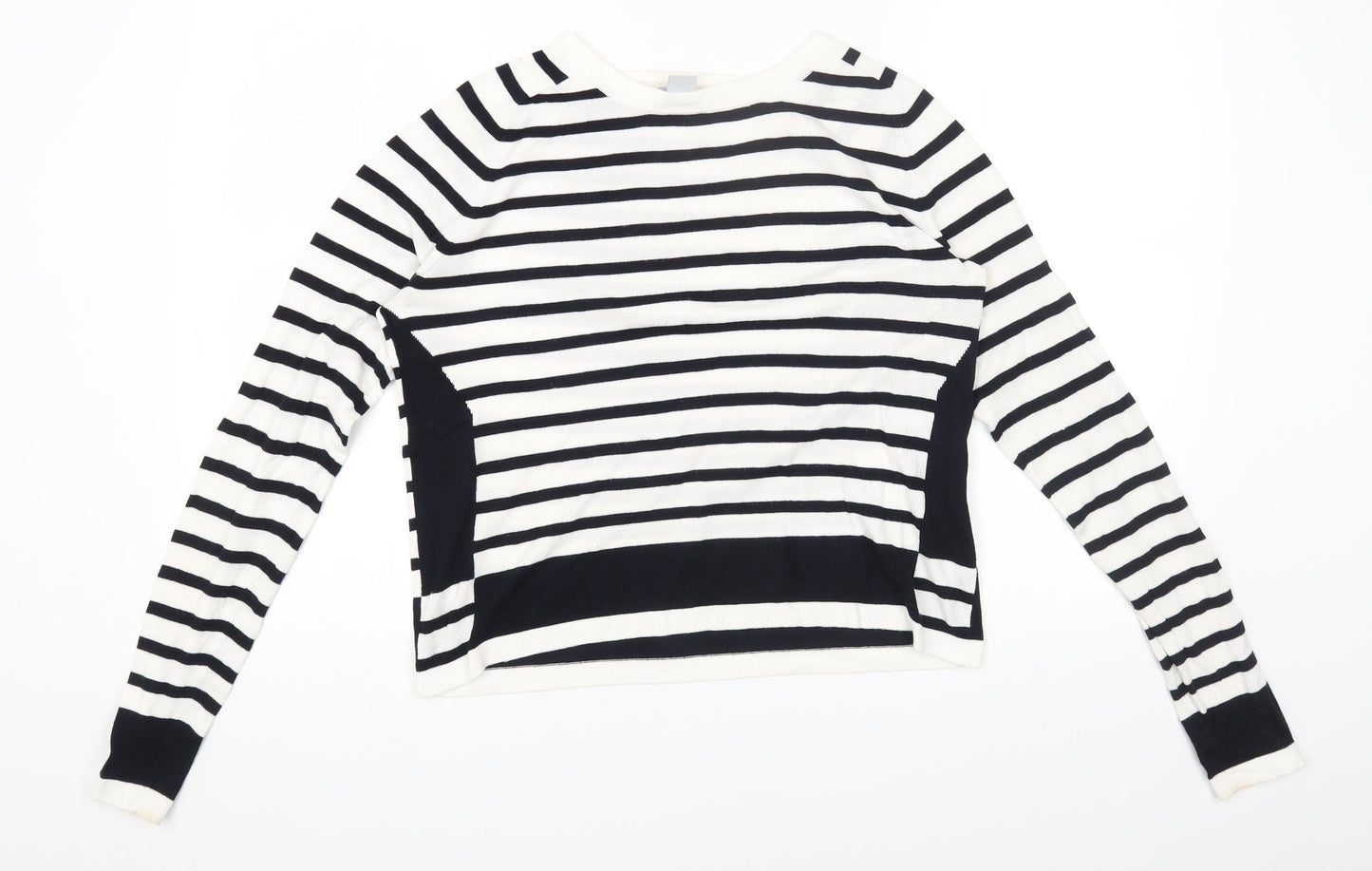 H&M Womens White Round Neck Striped Viscose Pullover Jumper Size M