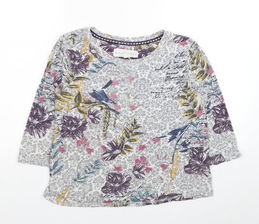 Braintree Womens Grey Floral Cotton Basic T-Shirt Size XS Scoop Neck