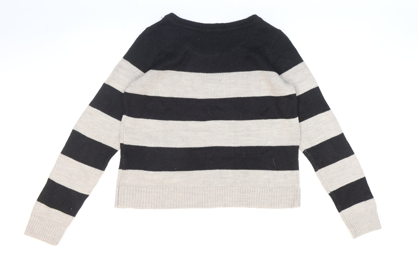 H&M Womens Black Round Neck Striped Acrylic Pullover Jumper Size M