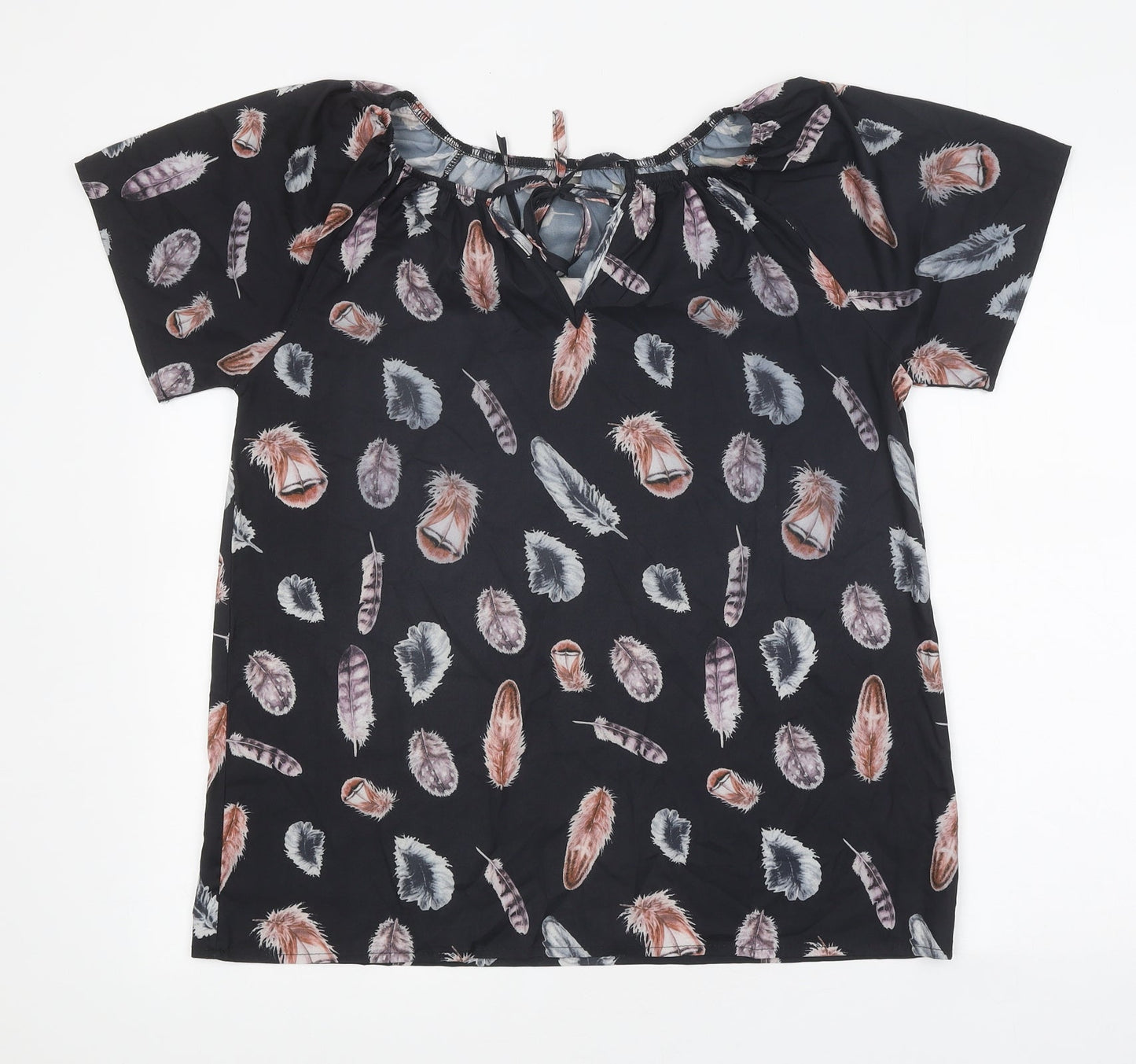 Preworn Womens Black Geometric Polyester Basic T-Shirt Size XL Round Neck - Feather Print