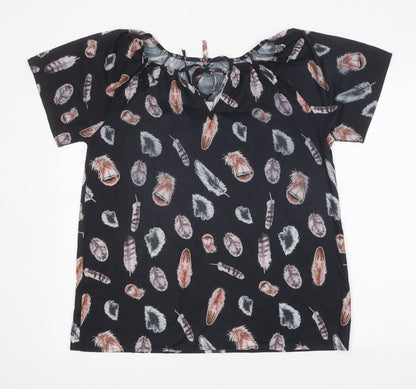 Preworn Womens Black Geometric Polyester Basic T-Shirt Size XL Round Neck - Feather Print