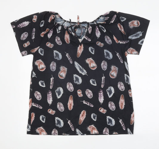Preworn Womens Black Geometric Polyester Basic T-Shirt Size XL Round Neck - Feather Print