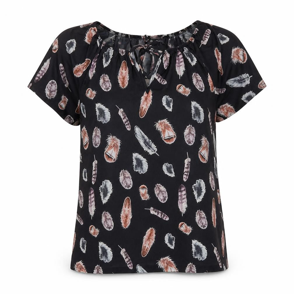 Preworn Womens Black Geometric Polyester Basic T-Shirt Size XL Round Neck - Feather Print