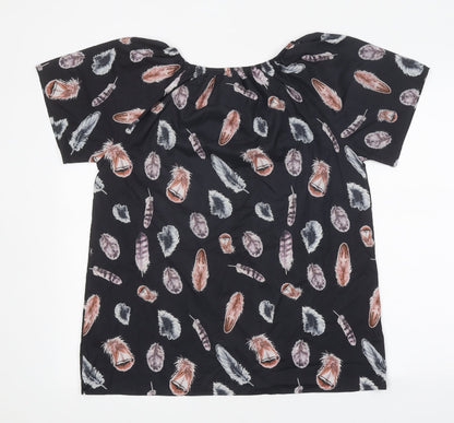 Preworn Womens Black Geometric Polyester Basic T-Shirt Size XL Round Neck - Feather Print
