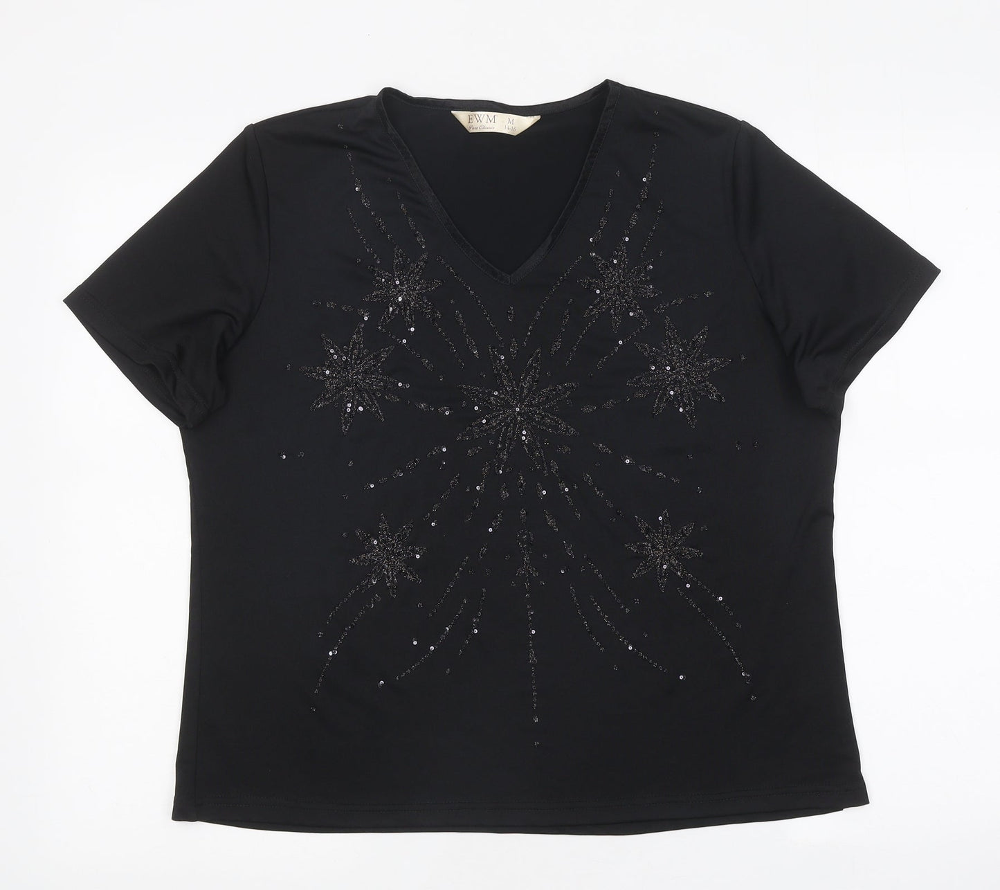 EWM Womens Black Polyester Basic T-Shirt Size M Round Neck