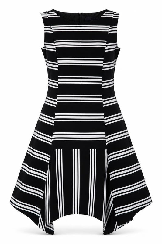 Marks and Spencer Womens Black Striped Viscose A-Line Size 10 Boat Neck Zip