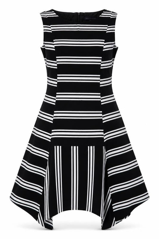 Marks & Spencer Womens Black Striped Viscose A-Line Size 10 Boat Neck Zip