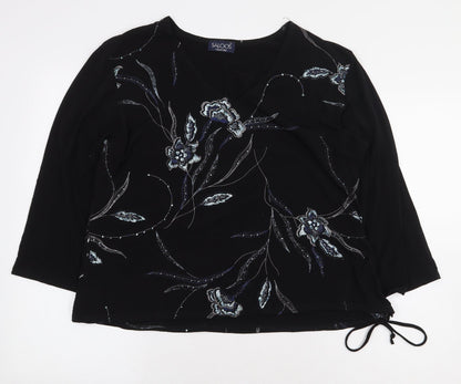Saloos Womens Black Floral Polyester Basic Blouse Size 2XL V-Neck