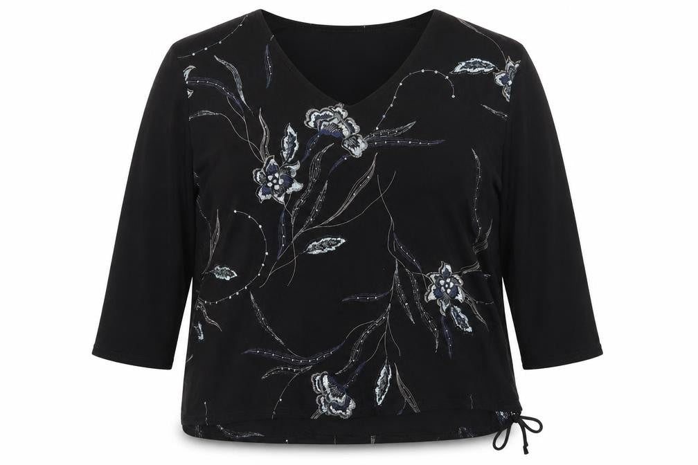 Saloos Womens Black Floral Polyester Basic Blouse Size 2XL V-Neck