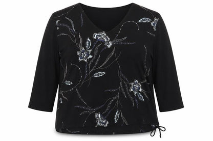 Saloos Womens Black Floral Polyester Basic Blouse Size 2XL V-Neck