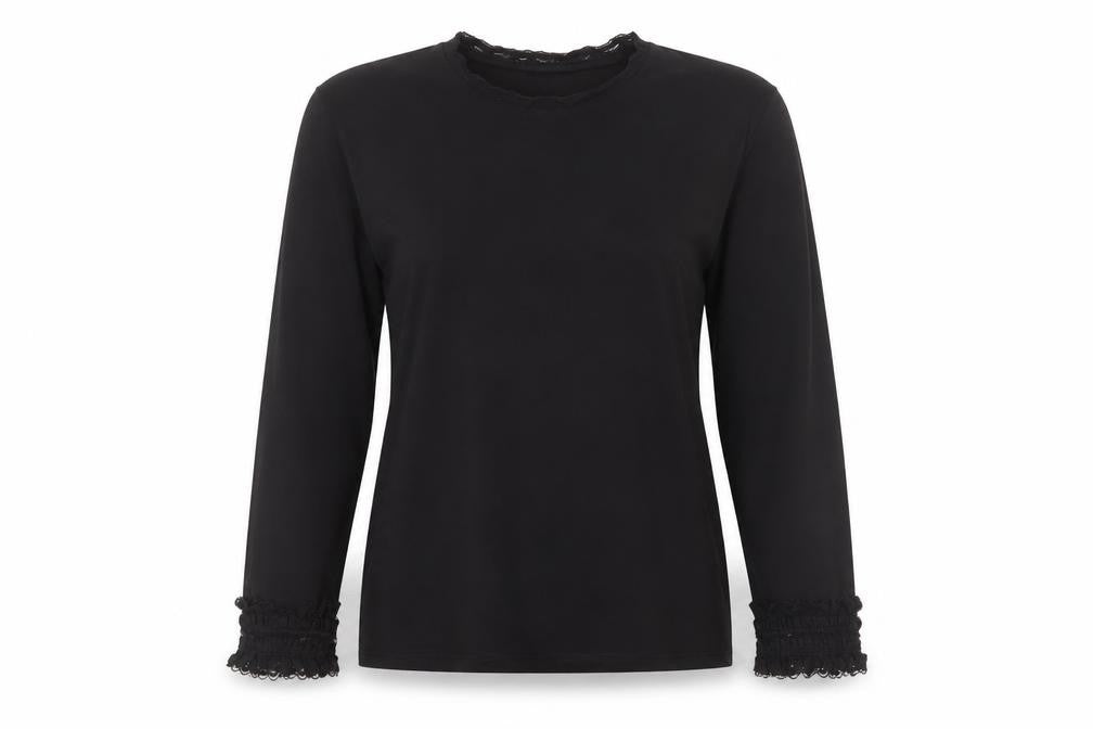 KOXX Womens Black Polyester Basic T-Shirt Size L Crew Neck - Lace Detail