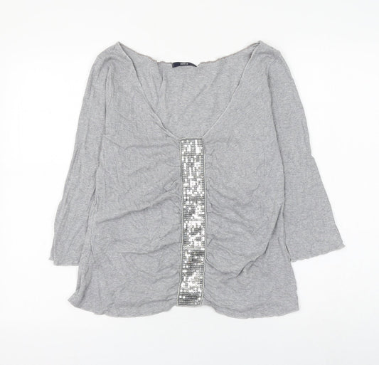 Marks and Spencer Womens Grey Cotton Basic Blouse Size 14 V-Neck