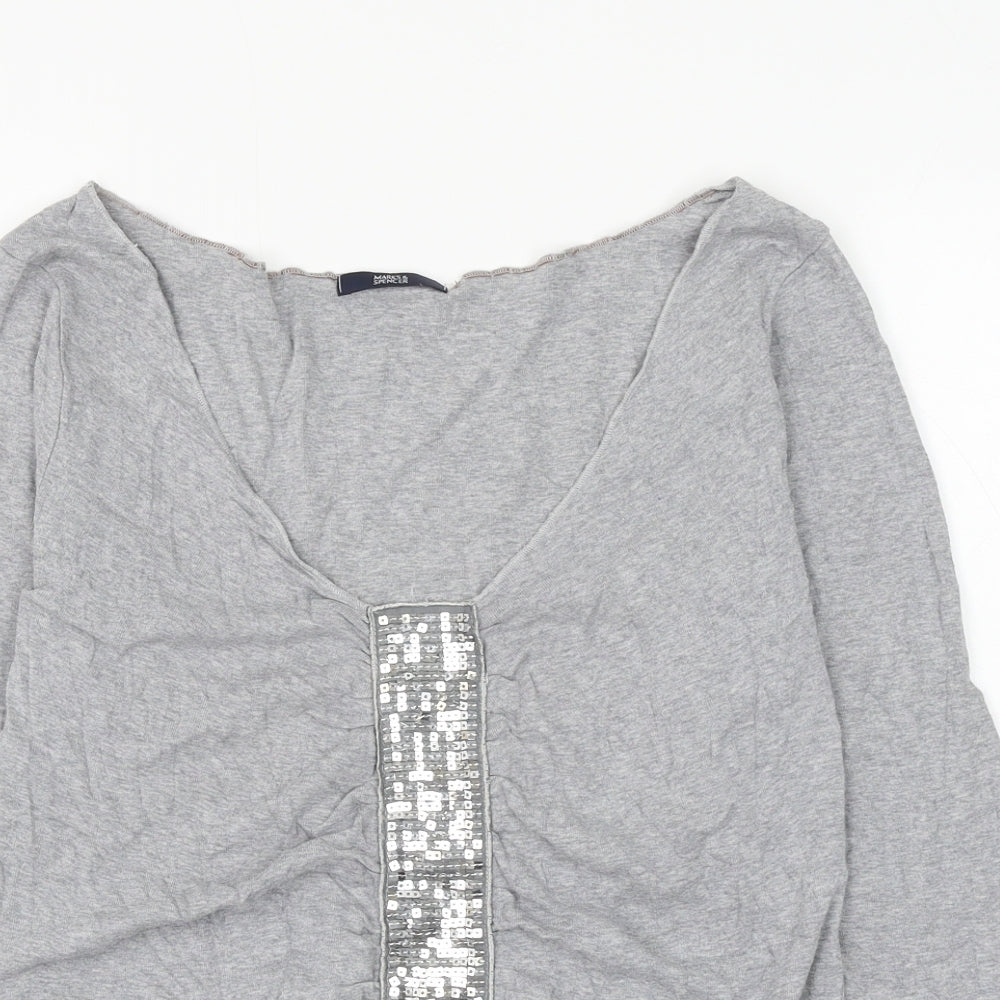 Marks and Spencer Womens Grey Cotton Basic Blouse Size 14 V-Neck