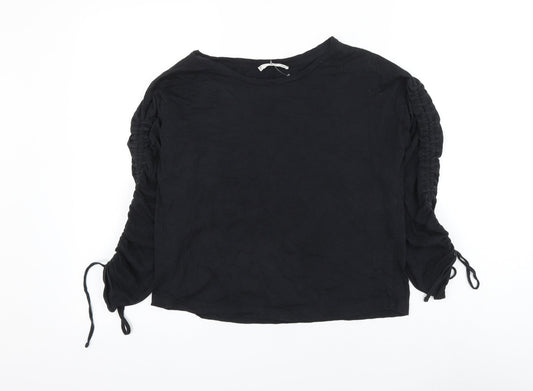 Mango Womens Black Cotton Basic T-Shirt Size S Round Neck - Ruched Sleeve