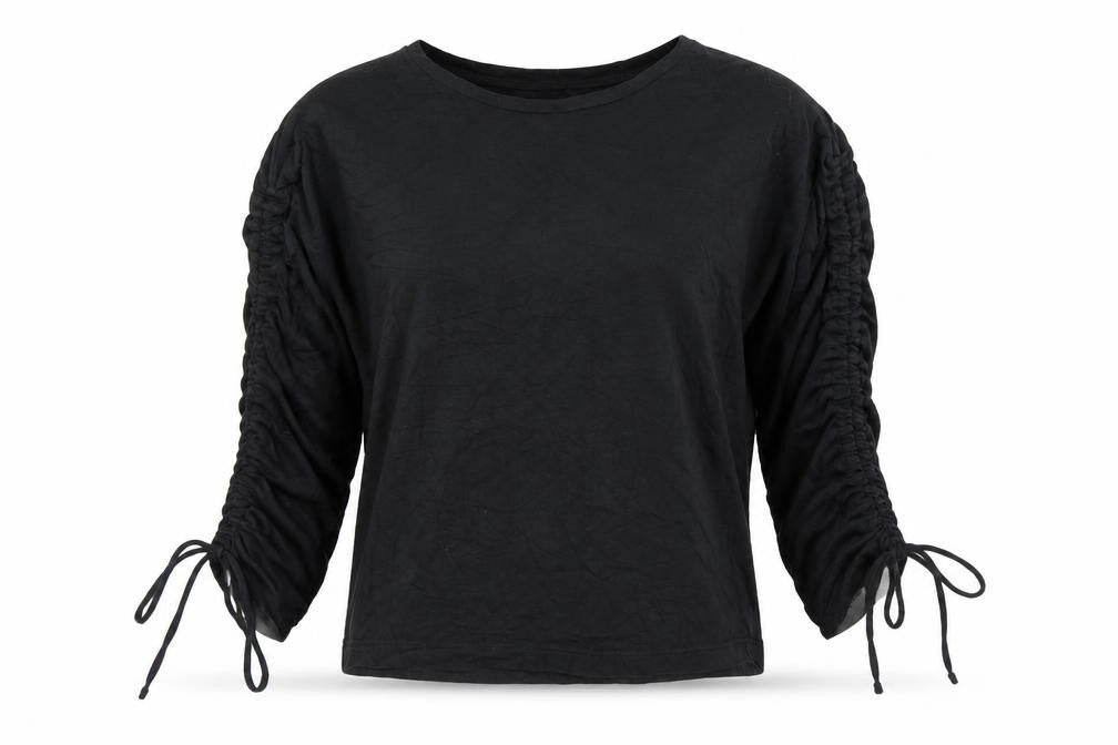 Mango Womens Black Cotton Basic T-Shirt Size S Round Neck - Ruched Sleeve