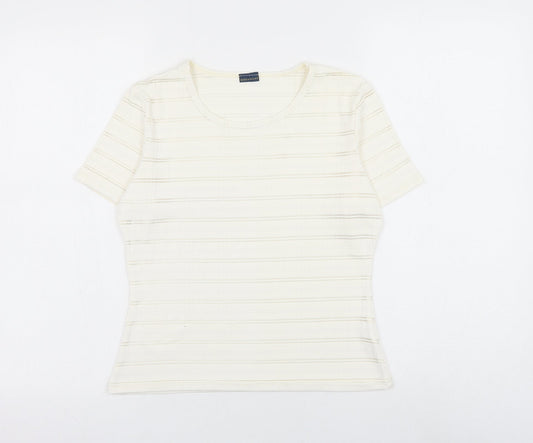 Debenhams Womens White Striped Nylon Basic T-Shirt Size 10 Round Neck