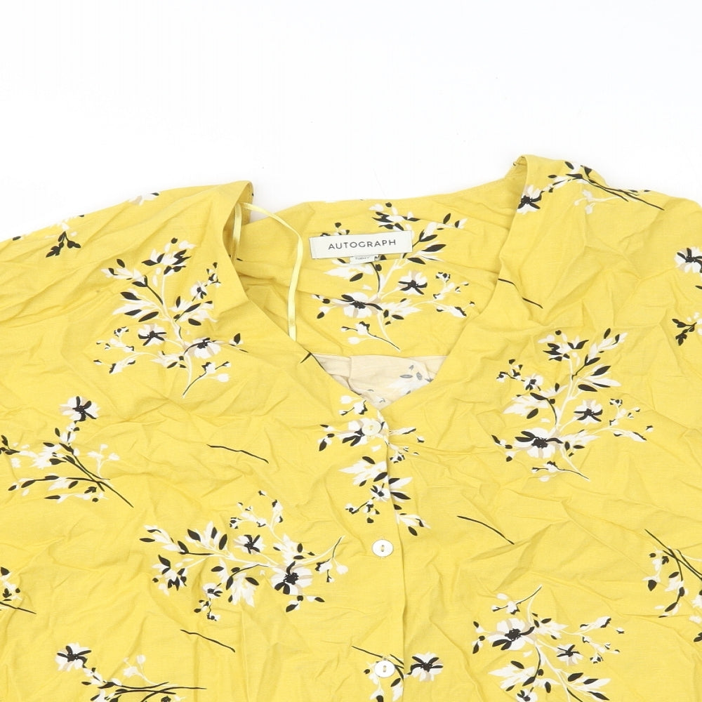 Autograph Womens Yellow Floral Viscose Basic Button-Up Size 14 V-Neck