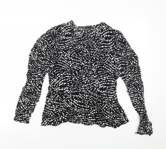 Marks and Spencer Womens Black Geometric Viscose Basic Blouse Size 10 Round Neck - Peplum