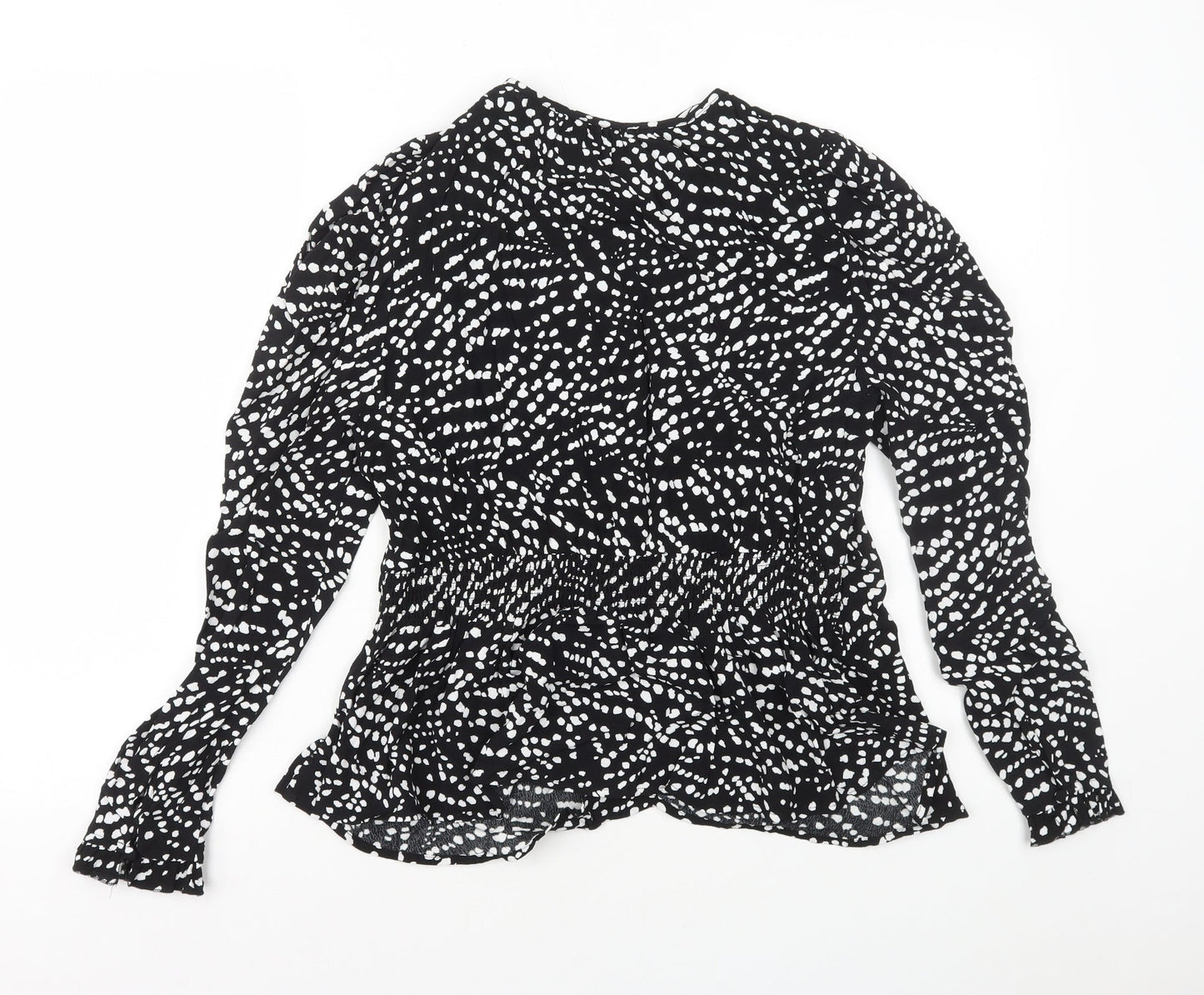 Marks and Spencer Womens Black Geometric Viscose Basic Blouse Size 10 Round Neck - Peplum