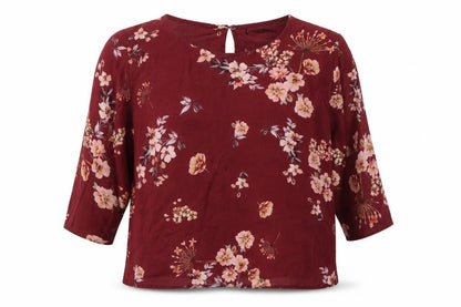 Boohoo Womens Red Floral Polyester Basic Blouse Size 8 Round Neck