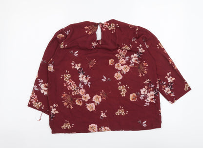 Boohoo Womens Red Floral Polyester Basic Blouse Size 8 Round Neck
