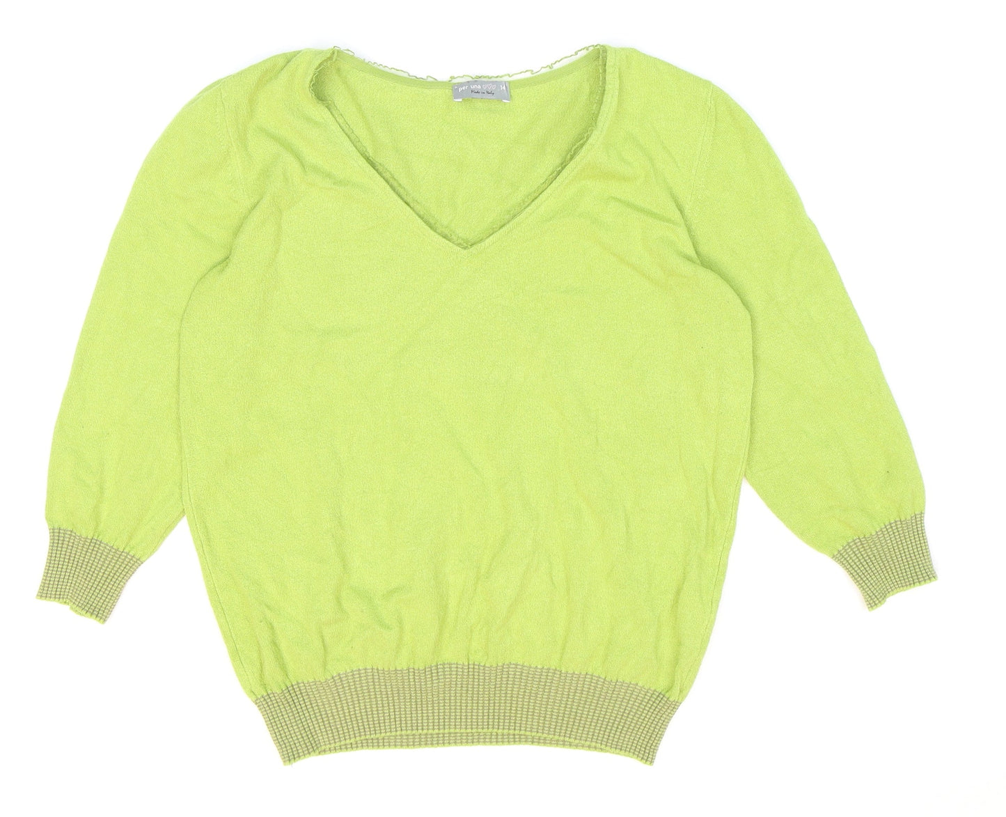Marks and Spencer Womens Green V-Neck Viscose Pullover Jumper Size 14