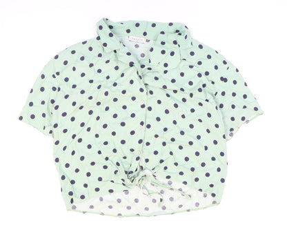 Papaya Womens Green Polka Dot Viscose Cropped Button-Up Size 14 Collared