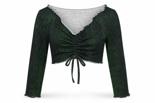 Boohoo Womens Green Animal Print Viscose Cropped Blouse Size 12 V-Neck - Snake Skin Print