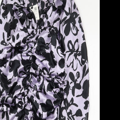 Zara Womens Purple Floral Polyester Mini Size S Collared Button