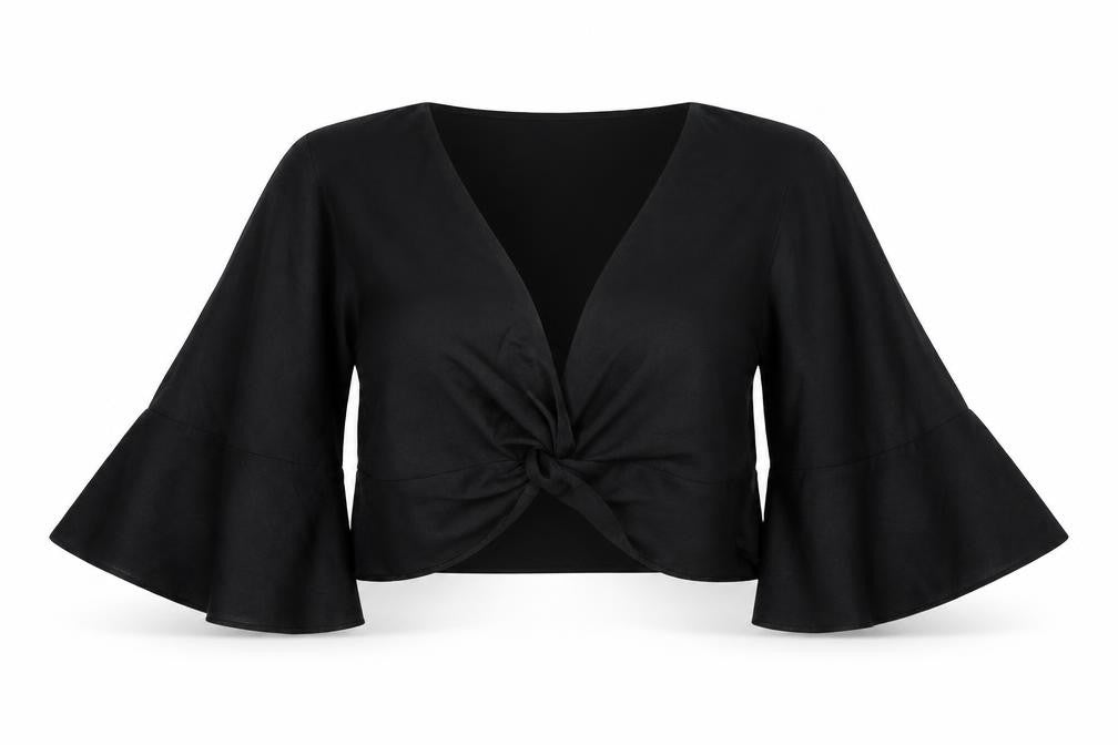 Zara Womens Black Polyester Cropped Blouse Size S V-Neck - Knot Front