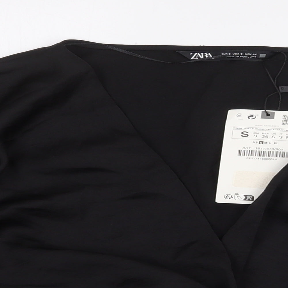 Zara Womens Black Polyester Cropped Blouse Size S V-Neck - Knot Front