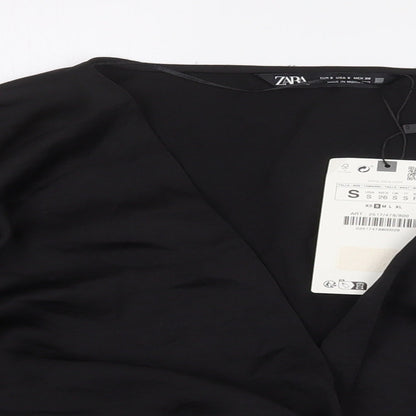 Zara Womens Black Polyester Cropped Blouse Size S V-Neck - Knot Front