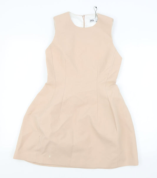 Zara Womens Pink Viscose A-Line Size 4 Round Neck Zip