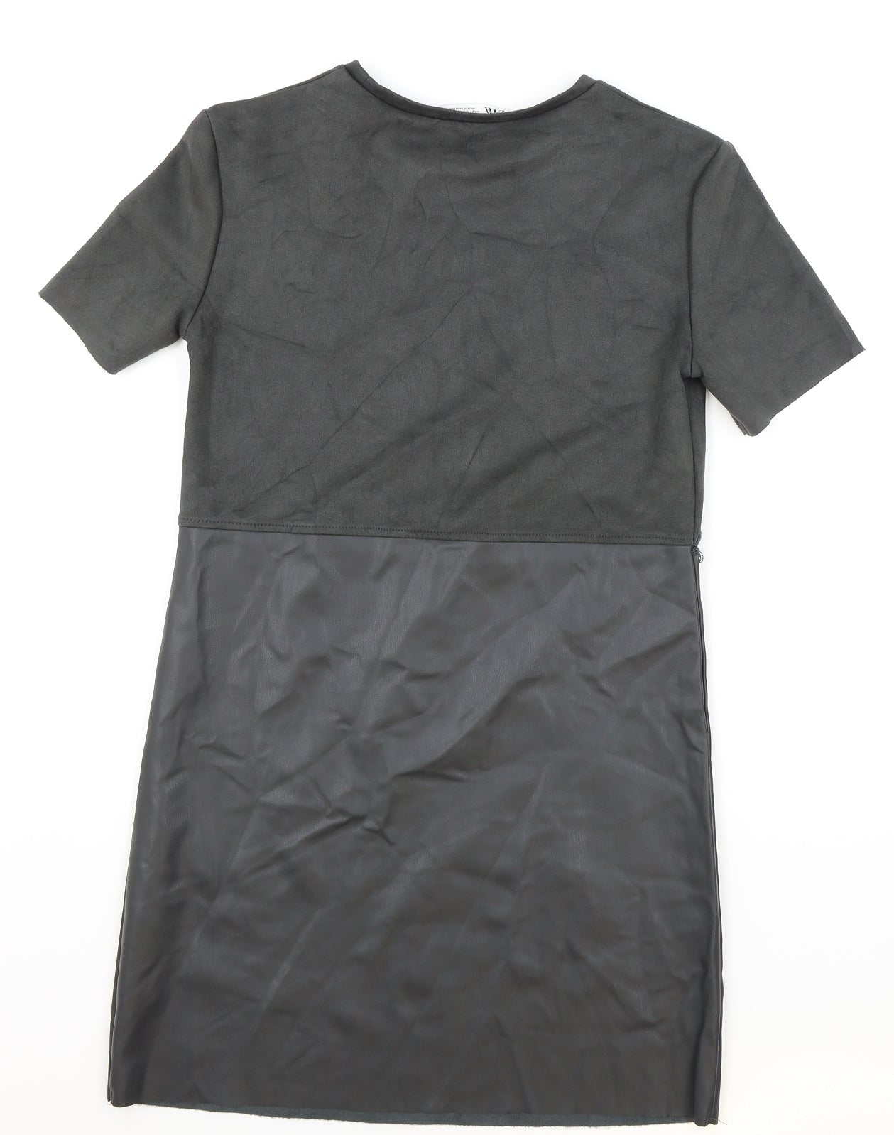 Zara Womens Grey Polyester T-Shirt Dress Size XS Round Neck Pullover - Faux leather