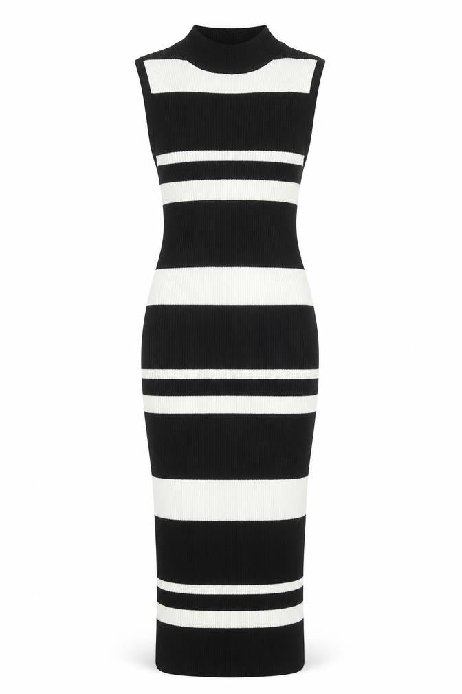 LU NYC Womens Black Striped Viscose Bodycon Size S Mock Neck Pullover