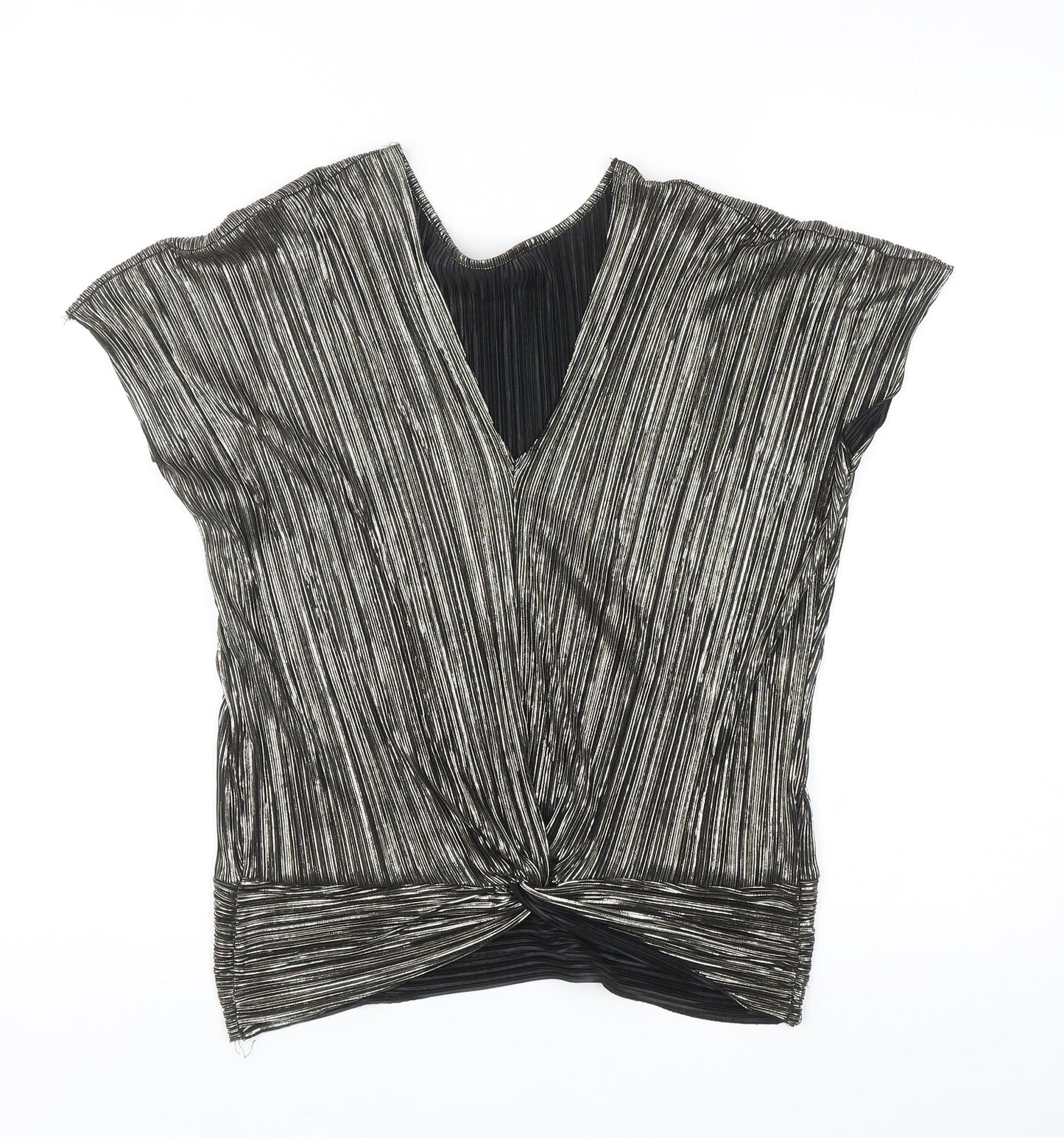 Preworn Womens Silver Polyester Basic Blouse Size 6 V-Neck - Twist Detail