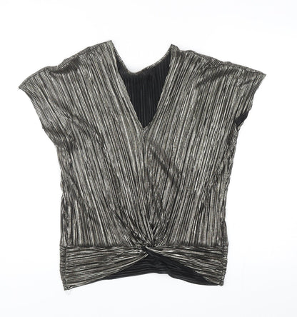 Preworn Womens Silver Polyester Basic Blouse Size 6 V-Neck - Twist Detail