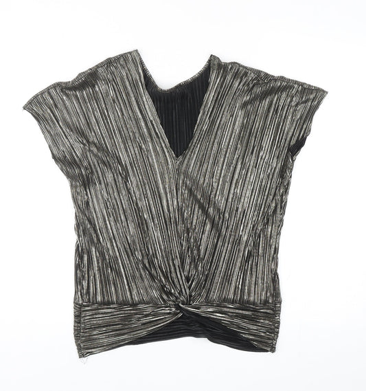 Preworn Womens Silver Polyester Basic Blouse Size 6 V-Neck - Twist Detail
