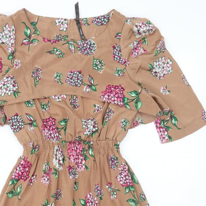 Influence Womens Brown Floral Polyester A-Line Size 10 Round Neck Zip