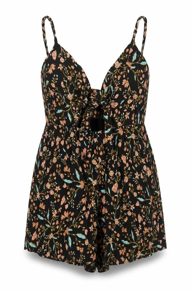 Made To Style Womens Black Geometric Viscose Playsuit One-Piece Size 14 Zip - Tie Cut Out