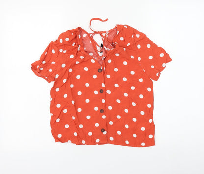 Warehouse Womens Orange Polka Dot Viscose Basic Button-Up Size 8 V-Neck