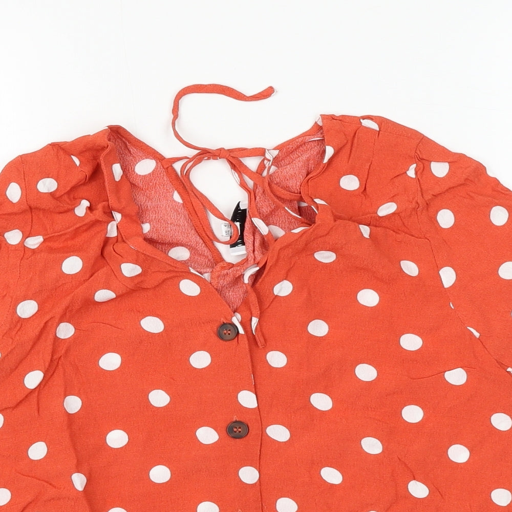 Warehouse Womens Orange Polka Dot Viscose Basic Button-Up Size 8 V-Neck
