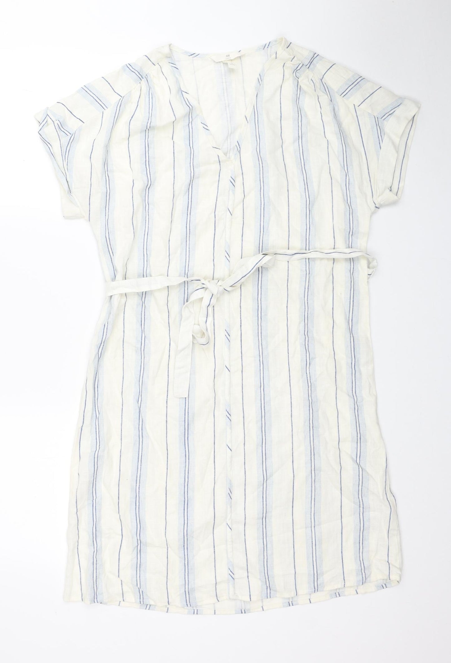 H&M Womens Ivory Striped Viscose T-Shirt Dress Size XS V-Neck Pullover