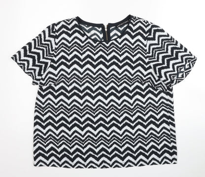 Definitions Womens Black Geometric Polyester Basic T-Shirt Size 16 Scoop Neck
