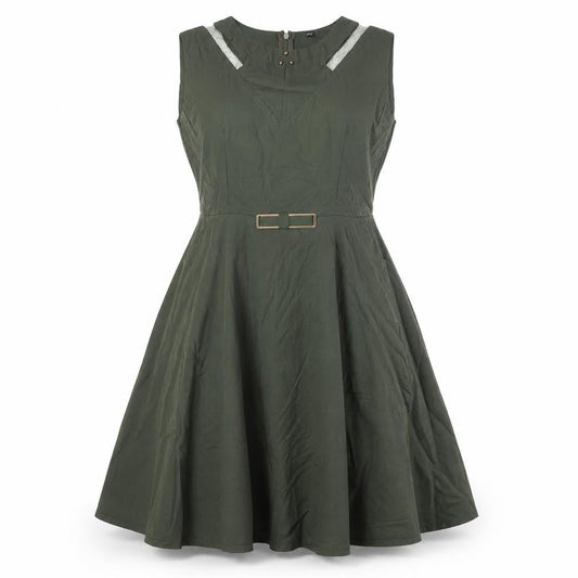 Womens Green Cotton Fit & Flare Size 2XL Round Neck Zip - Mesh Detail