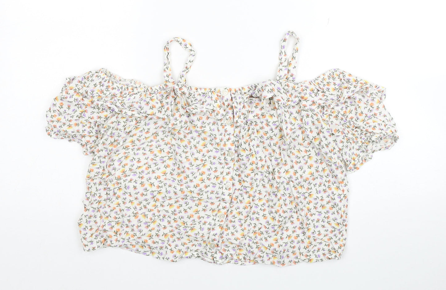 NEXT Girls White Floral Viscose Basic T-Shirt Size 15 Years Square Neck Pullover - Cold Shoulder