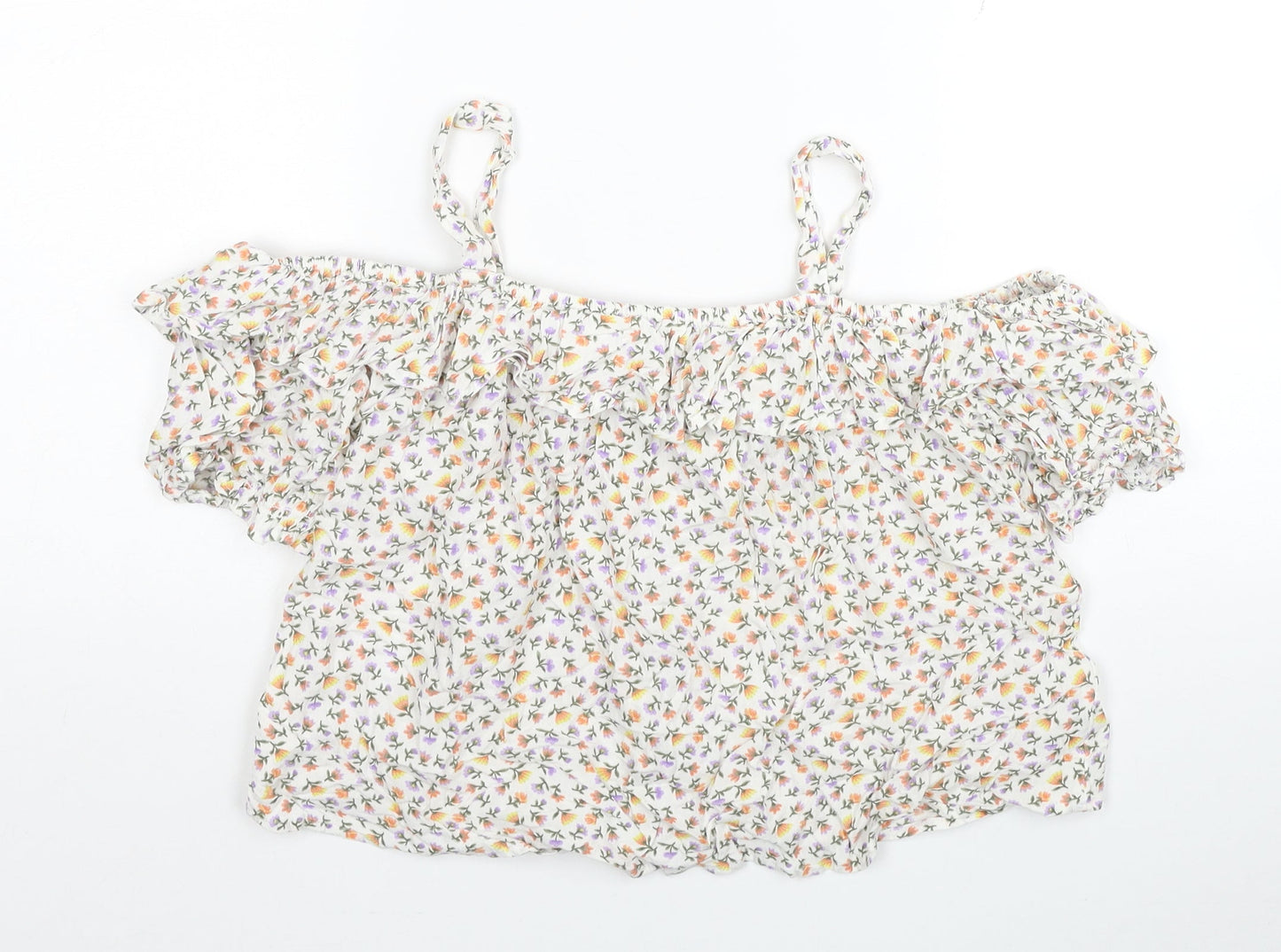 NEXT Girls White Floral Viscose Basic T-Shirt Size 15 Years Square Neck Pullover - Cold Shoulder