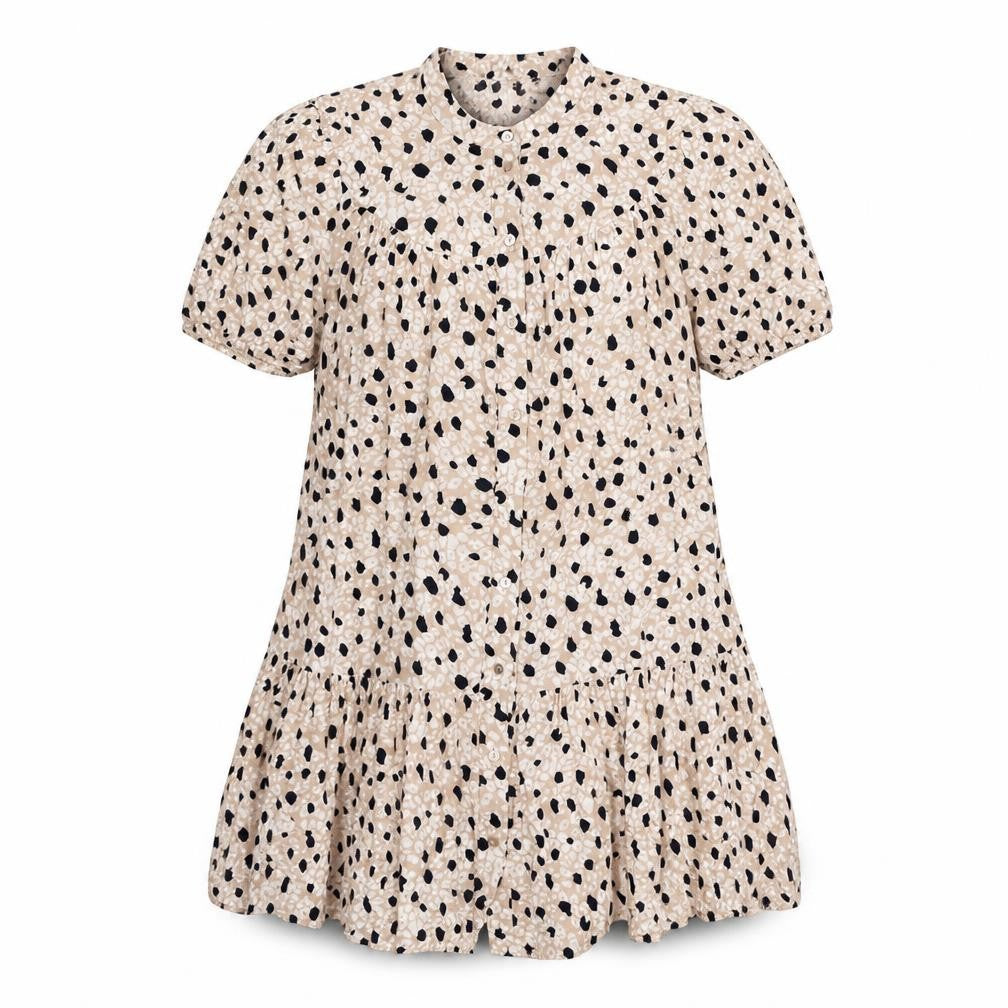 Primark Womens Beige Animal Print Viscose Shirt Dress Size 12 Round Neck Button - Leopard Print
