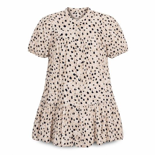 Primark Womens Beige Animal Print Viscose Shirt Dress Size 12 Round Neck Button - Leopard Print