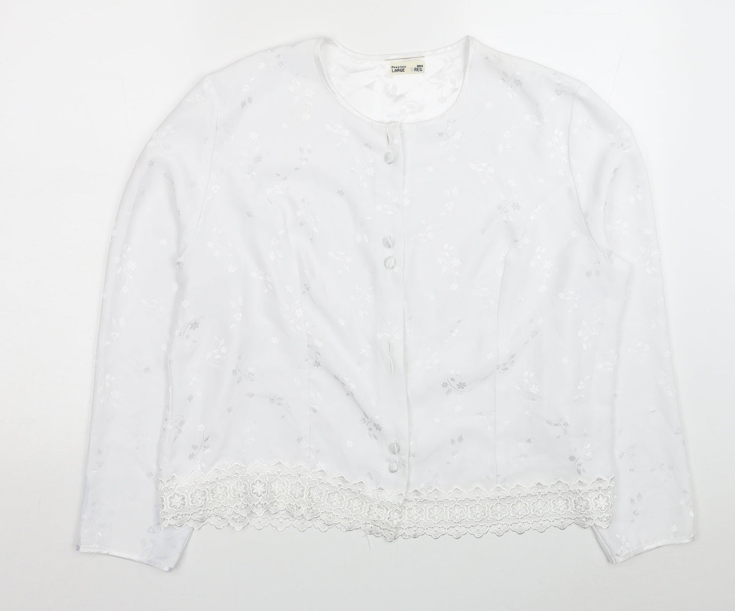 Preston Womens White Floral Polyester Basic Button-Up Size L Scoop Neck
